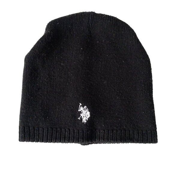 U.S. Polo Assn. Accessories - U.S. Polo Assn. Black Knit Beanie Hat With White Logo Embroidery One Size Ribbed